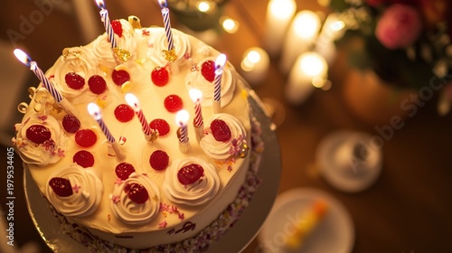 candles. A festive birthday cake illuminated by candlelight, creating a warm and celebratory atmosphere. symbolizing life milestones and joyful moments.