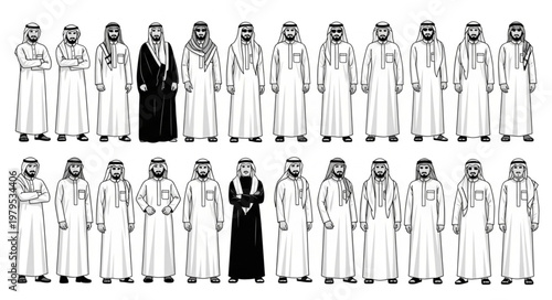 Group of men in traditional Arab clothing standing together in a line.