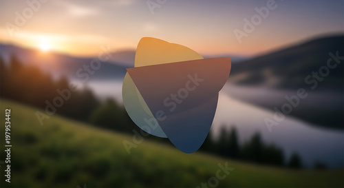 A serene landscape of a lake surrounded by mountains and trees at sunset with a geometric shape in the foreground