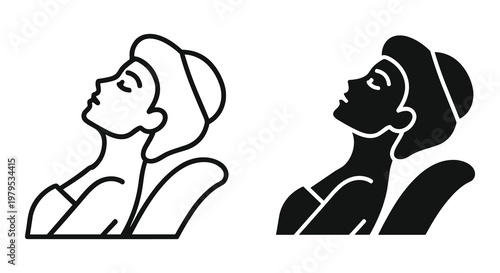 Minimalist Line Art Depicting Woman in Spa Setting with Towel on Head