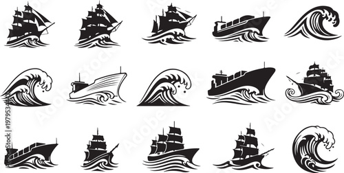 Black and white ship wave icons nautical symbols