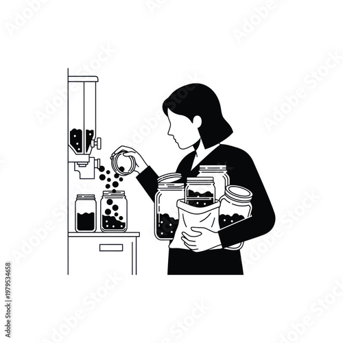 A woman in a black outfit is filling jars with coffee beans from a dispenser.