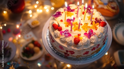 candles. A festive birthday cake illuminated by candlelight, creating a warm and celebratory atmosphere. symbolizing life milestones and joyful moments.