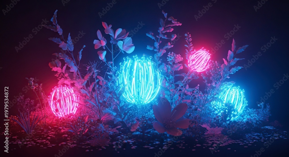 Fototapeta premium Glowing Spheres in a Dark Forest - A Neon Dreamscape.