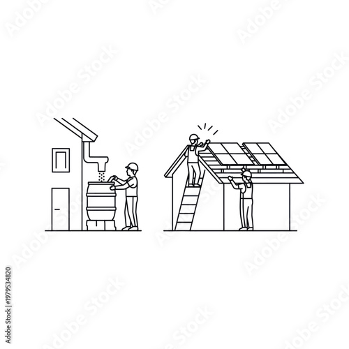 Workers installing solar panels on a house roof for renewable energy