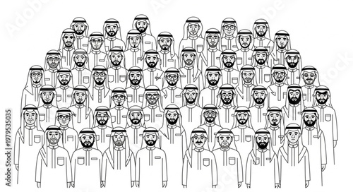 Group of men in traditional attire, looking at the camera.