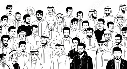 Group of men in traditional attire, looking at the camera.