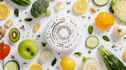 nutritional. A selection of fresh produce with a hydration theme and wellness tools arranged overhead. bar promotions, beverage menus, designed for food & beverage menus and cafe branding.