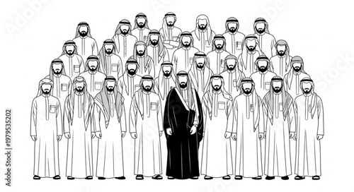 Group of men in traditional attire, one man stands out in black.