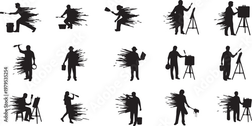 Silhouettes of artists at work in creative motion