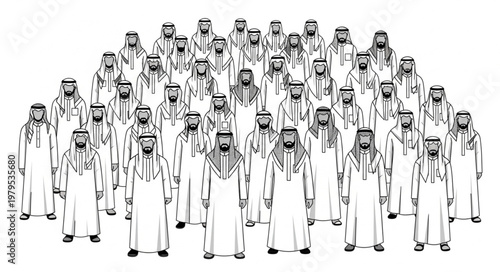 Group of men in traditional attire standing together in a crowd.