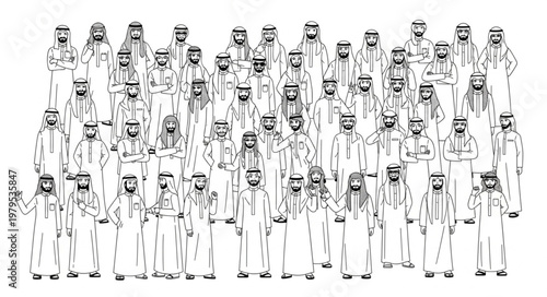 Group of men in traditional attire standing together in a crowd.