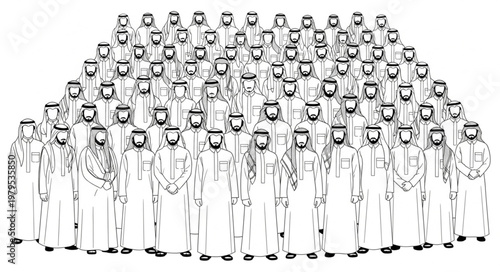 Group of men in traditional attire standing together in a crowd.