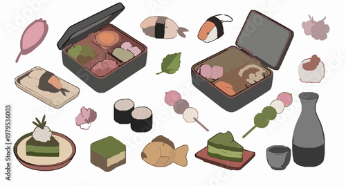 Hand drawn hanami bento and Japanese sweets assortment with sushi taiyaki dango and sake artistic vector illustration