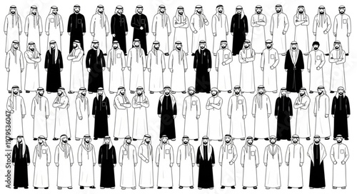 Group of men in traditional attire standing together in a formal setting.