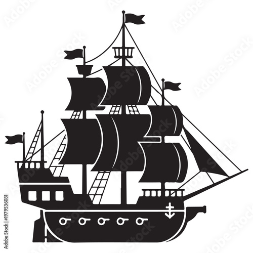 Vintage sailing ship silhouette with multiple masts and flags vector illustration for maritime and adventure design projects