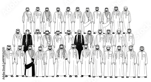 Group of men in traditional attire, standing together in a formal setting.