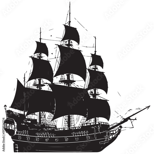 Black silhouette of a classic sailing galleon ship with full sails vector illustration for maritime adventure and nautical design