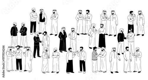 Group of men in traditional attire, standing together in a gathering.