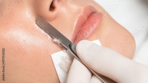 A dermaplaning facial exfoliation procedure.