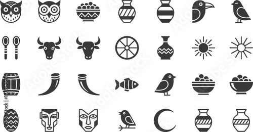 Collection of black and white vector line art icons featuring ancient artifacts, cultural symbols, animals, pottery, masks and historical objects for design projec