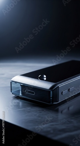 Sleek Black Electronic Device on Dark Surface.