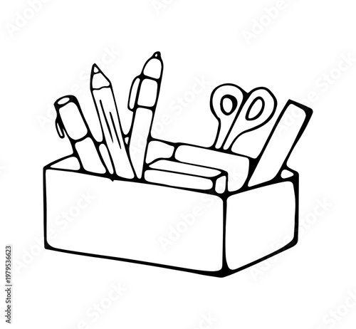 Hand drawn school supplies doodle set stationery box sketch illustration