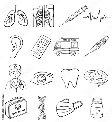 Hand drawn medical doodle set healthcare icons doctor hospital sketch