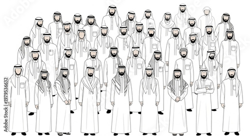 Group of men in traditional attire standing together in a gathering.