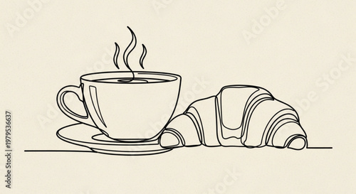 Steaming cup of coffee with croissant on saucer breakfast still life simple line drawing minimalistic illustration