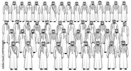 Group of men in traditional attire standing together in a line.