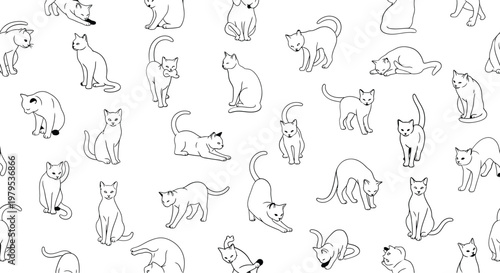 A black and white drawing of many cats