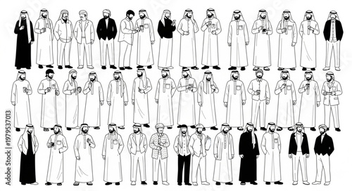 Group of men in traditional attire standing together in a line.