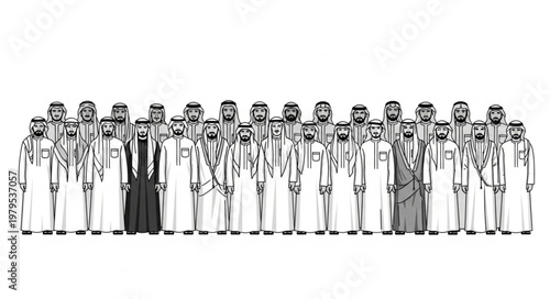 Group of men in traditional attire standing together in a line.