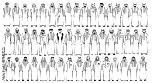 Group of men in traditional attire standing together in a row.