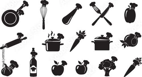 Cooking Utensils and Ingredients Silhouette Icons Set