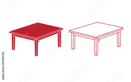 Red and outlined square tables, side by side, on white background, red table outlined table furniture