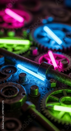 Intricate mechanical gears illuminated with vibrant neon lights.