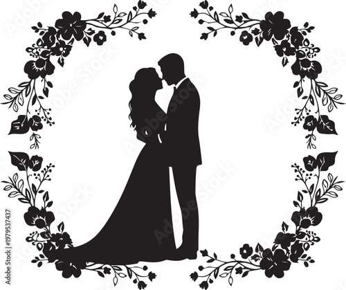 Romantic Wedding Silhouette of Loving Couple Kissing