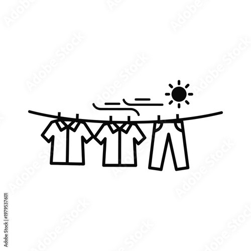 A simple line drawing of clothes hanging on a clothesline in the sun