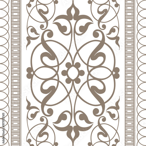 
Seamless vertical pattern classical Damask motif. Floral arabesque, palmette key border, floral meander. Typical egyptian, assyrian, greek pattern. Vector gold seamless classic floral arabesque ornam