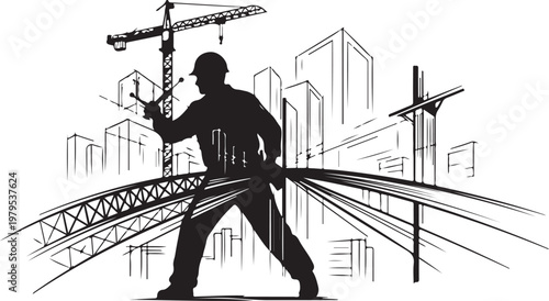 Construction worker building cityscape with crane and tools