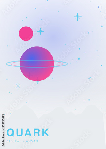 Futuristic space landscape vector with pink planets and stars, cosmic galaxy background with Quark digital canvas text, abstract sci-fi universe poster