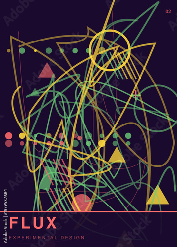 Abstract Flux experimental design poster, geometric line art with chaotic scribbles, modern dark purple background with neon yellow and green shapes