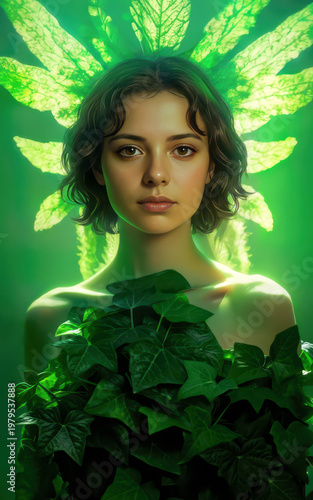 Ethereal portrait of woman surrounded by luminous green plant leaves creating spiritual goddess aesthetic. Mystical botanical composition with glowing emerald tones. Represents nature, healing.
