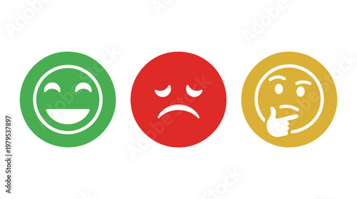 Emoji faces happy sad and thinking icons in circles on white background.