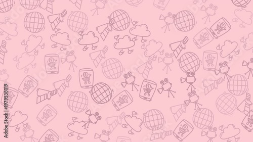 Seamless tech doodle animation on pink. Features hand-drawn communication & internet icons. Perfect for modern web backgrounds, creative digital content, and tech-themed presentations.