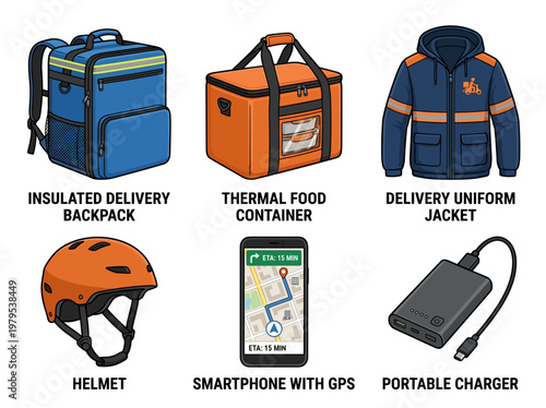 Delivery service courier equipment set: insulated backpack, thermal container, jacket, helmet, smartphone, and charger
