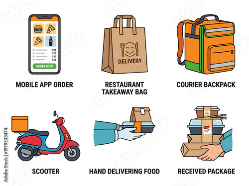 Food delivery workflow icons including mobile app, restaurant bag, scooter, and courier backpack set