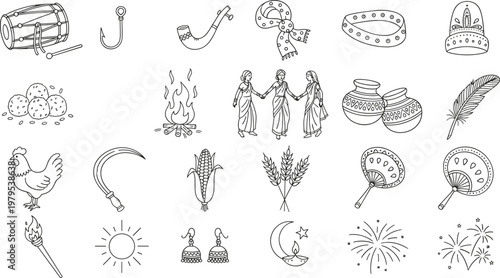 Hand drawn collection of traditional Indian culture and harvest festival elements featuring rural village life, agriculture, folk dance, and celebration icons in line art style.
